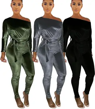OMSJ Jaunā Sieviešu Ziemas Velveta Jumpsuit 2019 Sexy Kombinezonus Ar Jostu Gadījuma Streetwear Tērpiem Ķermeņa Playsuit garām Piedurknēm (Dungriņi)