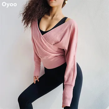Oyoo Super mīksts slouchy trikotāžas sporta tops ar garām piedurknēm sexy izgriezums jogas krekli rozā fitness sievietēm jersey ziemas sporta apģērbs