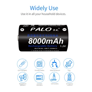 PALO 2gab D Tipa Baterijas 8000mAh 1.2 v D Izmēra NiMh Uzlādējamās Baterijas Akumulatoru Rotaļu Instrumenti Gāzes Plīts