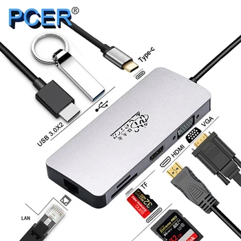 PCER USB C Tipa RUMBU Ar USB3.0 HDMI VGA RJ45 Gigabit Ethernet, SD/TF PD maksas Adapteri USB C dokstacija c tipa rumbu konvertētājs