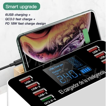 PD QC3.0 Fast Charger 60W USB Tālruņa Uzlādes Stacijas 8 Porti Smart LED Displeja Tips C Adapteris Ātri Uzlādēt USB 3.0 Tālruņa Lādētāju