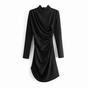 PSEEWE Za Black Drapēti Īsa Kleita Sievietēm 2020 Rudens Modes Augstas Kaklu garām Piedurknēm Runch Sexy Kleitas Dāmas Puse Skrejceļa Kleita