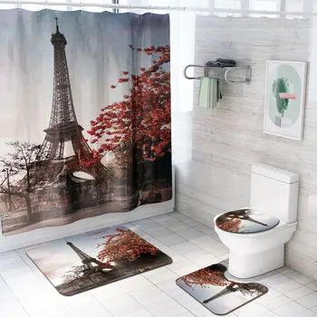 Parīzes Tornis Ainavu 3D Ūdensizturīgs Dušu Aizkariem, Vannas istabas Aizkaru Komplektus Anti Slip Pjedestāla Paklāju Vāks Tualetes Vāka Vannas Paklājiņu Komplekts
