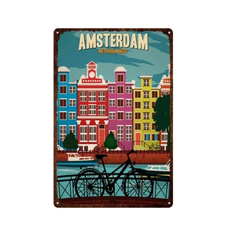 Parīzē, Amsterdamā, Londonā, Romā, Dzelzs Plakātu Pasaules Slaveno Pilsētu Tūrisma Skārda Zīme, Klasisko Arhitektūru, Retro Dekoratīvie Metāla Krāsošana
