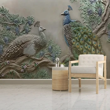 Pasūtījuma 3D Reljefa Lielu Koku Pāvs Foto Sienas Apdares Apgleznošana Ķīniešu Stilā Studiju Dzīvojamās Istabas Interjera Dizaina Sienas Tapetes