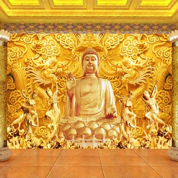 Pasūtījuma Sienas 3D Stereoskopiskās Palīdzības Zelta Budas Skulptūru Lielo Sienu Interjera Zāle, Dzīvojamā Istaba, TV Fona Foto tapešu