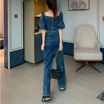 Pavasara Džinsa Divas Gabals, kas Ir 2021. Sieviešu Modes Sexy V-Neck Laternu īsām piedurknēm Top + Augsta Vidukļa Džinsa Plaša kāju Bikses kopa