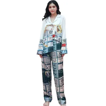 Pavasara Rudens Sieviešu Pidžamas Komplekts Karikatūra Zīda Lounge Pilnu Piedurknēm Top Bikses, Uzvalks Gudrs Korejiešu Versija Pidžamas Sleepwear