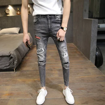 Pavasara vasaras jaunā modes sklnny džinsi vīriešu kovboju plāksteris caurumu tendence vīriešu džinsi korejas mazo kājām bikses slim tipa apgriezts bikses