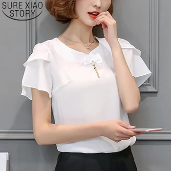 Pavasarī, Vasarā Korejiešu Stilā Ar Īsām Piedurknēm Flounced Šifona Kreklu Loku Izlīdzināšanu Piedurknēm Džemperis Sieviete Bāzes Krekls Camisas Mujer 8688