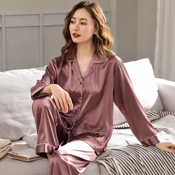 Pidžamas Komplekts Sievietēm, kas Zīda Satīna Sleepwear Rudens Naktsveļu Uzvalku ar garām Piedurknēm Zaudēt Ērti Soft Plus Izmērs M-3XL Pijama Sievietēm