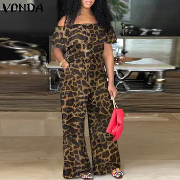Pie Pleca Jumpsuit Sieviešu Leopards Drukāt Puse Kombinezonus VONDA ir 2021. Vaļīgas Bikses Sexy Īsām Piedurknēm Playsuits Pantalon Femme 5XL