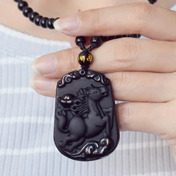 Piliens Kuģniecības Amuletu Zirgu Kaklarota Dabas Black Obsidian Kulons Kristāla Rotaslietas, Dāvanas