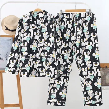 Pingvīni Karikatūra Izdrukāt Jauki Sleepwear Vasaras V Kakla Cute Pidžamas Sieviešu garām Piedurknēm Zaudēt Pyjama Plus Lieluma Dāma ir Homesuit