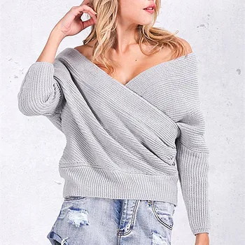 Plats piedurknēm V-veida Kakla adīti džemperi sieviešu Modes lielgabarīta džemperis paraustīt plecus Rudens, ziemas, siltu, garu džemperi, džemperi
