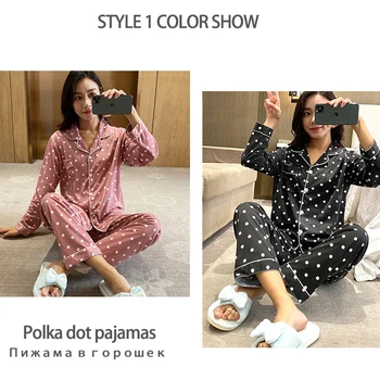 Pleds Ar Garām Piedurknēm, Sieviešu Pidžamas Komplekts Pogas Augšējā+Bikses Pidžamas Polka Dot Pidžamu Sleepwear Homewear Uzvalks Matching Miega Pidžamas