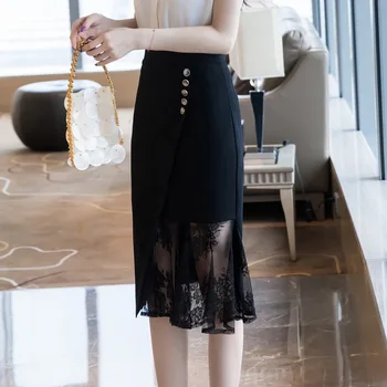 Plus Lieluma Mežģīnes Raibs Svārki Sieviešu 2020. Gadam, Modes Augsta Vidukļa Melni Svārki Sexy Sievietes Korejas Drēbes Biroja Elegants Midi Svārki