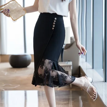 Plus Lieluma Mežģīnes Raibs Svārki Sieviešu 2020. Gadam, Modes Augsta Vidukļa Melni Svārki Sexy Sievietes Korejas Drēbes Biroja Elegants Midi Svārki