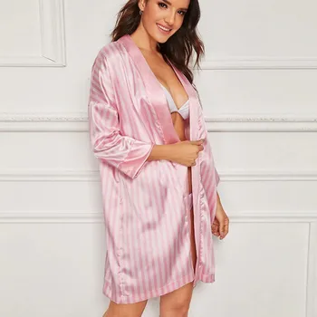 Plus Lieluma Sexy Apakšveļa Sievietēm, kas Zīda Svītrainas Drēbes ar garām Piedurknēm Satīna Peldmētelis Kāzu Līgava Sleepwear Pidžamas halāti#g3