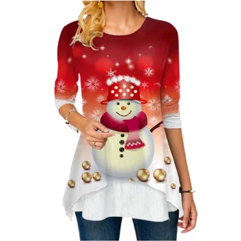 Plus Lieluma Ziemassvētku Sniegavīrs Drukāt Sieviešu T krekls ar garām Piedurknēm Zaudēt Gadījuma Karikatūra Ilgi, T krekli, 3XL 4XL 5XL Priecīgus Ziemassvētkus Topi