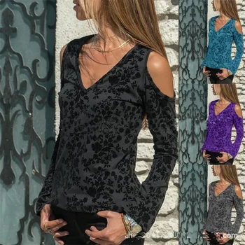 Poleras mujer de moda 2019 V Kakla garām Piedurknēm atvērt pleciem t-krekls Uzdrukāts ropa mujer rudens streetwear sieviešu topi apģērbi