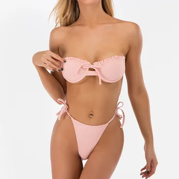 Polsterēta Push Up Bikini Komplekts Underwire Ziedu Ruffles Peldkostīms Sievietēm Sexy Cietā Lenta Sieviešu peldkostīms 2020. Gada Vasaras Biquini