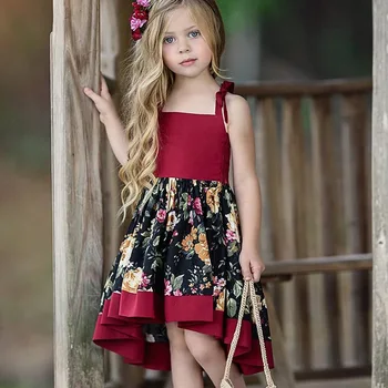 Populāri Eiropas un Amerikas meitenes printed kleita bērnu īsu priekšējo un ilgi atpakaļ, neregulāra modes zeķu kleita