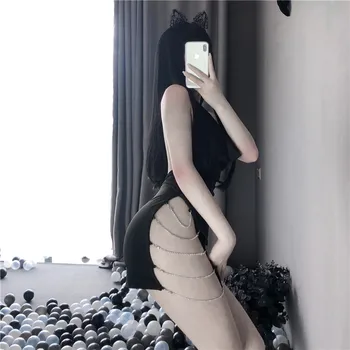 Porno Dāmas Atvērtu Krūšu Sānu Ķēdes Dizaina Lellītes Tērpus ar Thong Chemises Sievietes Sexy Apakšveļa Bodycon Kleita