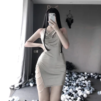 Porno Dāmas Atvērtu Krūšu Sānu Ķēdes Dizaina Lellītes Tērpus ar Thong Chemises Sievietes Sexy Apakšveļa Bodycon Kleita