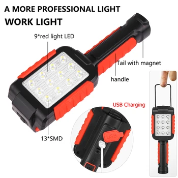 Portatīvā LED Darba Gaismas Magnētisko Lukturīti, USB Uzlādējams Remonta Darbu Lampas 13*SMD Sarkanās Gaismas Lāpu iekarināšanas Āķis Lanterna