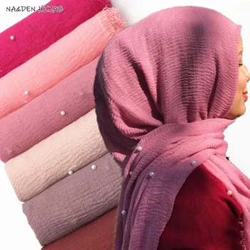 Premium kokvilnas vienkāršā hijab šalle Pērles dizaina Sievietes Maxi cietā šalles musulmaņu galvas lakatu pashmina foulard šalles karstā pārdošanas šalle