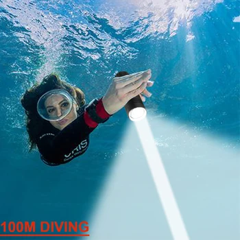 Profesionālā daivinga spēcīgākajiem led lukturīti 100m zemūdens gaismas akvalangu nirt lāpu uzlādējams xm l2 puses lampa 26650 18650