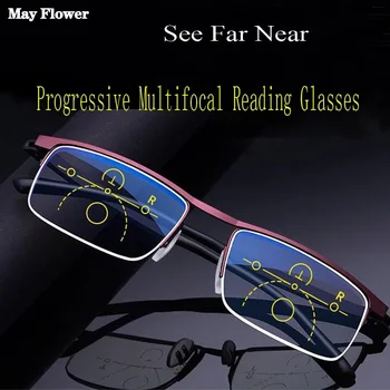 Progresējoša Multifokāla Lasīšanas Brilles Pusi Rāmis Metāla Vecuma Tālredzība Brilles Anti Zilā Gaisma Laukumā Brilles Vīriešiem Gafas Dioptrijas+4