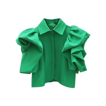 Puff Piedurknēm Šifona Sieviešu Krekli 2020. Gada Vasarā Jaunā Dizaina Cietā Zaļā Īss, Augsts Viduklis Dāma Elegants Krekli Outwear Mētelis Topi