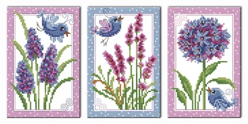 Putni un ziedi Triptihs diy dekoru krāsošana ieskaitīts, druka uz audekla DMC 14CT 11CT Cross Stitch Rokdarbi Komplekti Izšūšanas komplekti