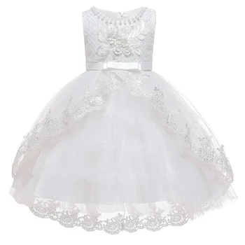 Puķu meitene, dzimšanas dienas svinības bumbu frēzēšana asti kāzu kleita balta kleita meitene Princese oficiālu Euharistijas puse astes kleita