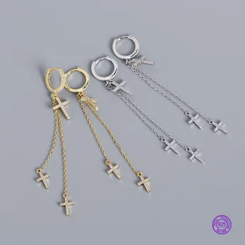 Pušķis auskari sievietēm korejiešu stilā 925 sterling silver cross auskari dimanta pušķis dizaina auss, Ķēdes, sprādzes sudraba auskars