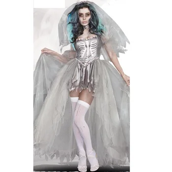 Pāri Garu Mežģīņu Plecu Piedurknēm Spoku Līgava Biedējošu Kostīmu Halloween Puse Pieaugušo Vīriešu Sieviete Kleita Doom Spoku Tērpi Līgava