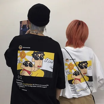 Pāris Drēbes Pastelis Shinchan Kokvilnas T-Krekls Harajuku Streetwear O-Veida Kakla Īsā Multfilmu Plus Lieluma Trending Sieviešu Modes 2019