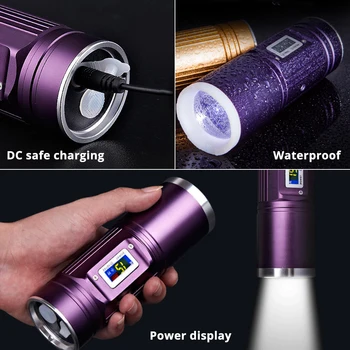 Pārnēsājams LED Lukturītis Balta / Zila / Dzeltena / Gaiši Violeta 4 Krāsu Lāpu, ar Jaudas Displeju Zoomable Uzlādējams Zvejas Lampas