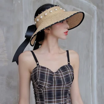 Pērļu rotājumi salmu cepurīte rafija lenti priekšgala retro hepburn stils tukšs, cepure, Sievietes, saule vasaras cepures