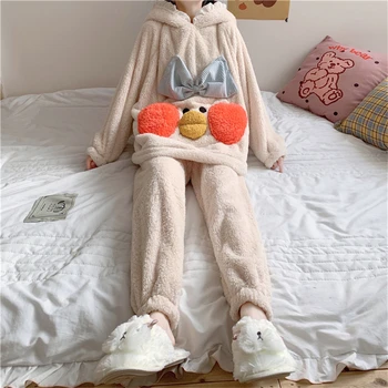 Pūkains Salds Karikatūra Pīļu Divas Gabals Pidžamas Komplekts Sievietēm Gadījuma Rudens Ziemas Biezs Silts Flaneļa Atpūtas Sleepwear Kapuci Pijamas