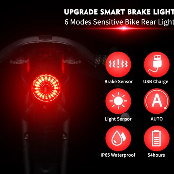 RIETUMU RITEŅBRAUKŠANAS LED Bike Taillight USB Lādējamu Velosipēdu Brīdinājuma Lampiņa 6 Režīmi Smart Bremžu Indukcijas Aizmugurējās gaismas Aprīkojums, Riteņbraukšana