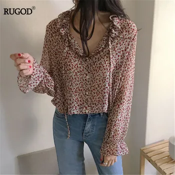 RUGOD jaunu vintage ziedu blūze sieviešu modes mežģīnes-up v kakla izlīdzināšanu piedurknēm šifona blūze ikdienas 2020. gadam pavasara vasaras krekls topi