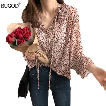 RUGOD jaunu vintage ziedu blūze sieviešu modes mežģīnes-up v kakla izlīdzināšanu piedurknēm šifona blūze ikdienas 2020. gadam pavasara vasaras krekls topi