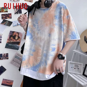 RUIHUO Rozā kaklasaišu krāsošanas Īsām Piedurknēm Vīriešu T-Krekls Modes Streetwear 