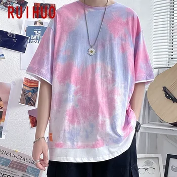 RUIHUO Rozā kaklasaišu krāsošanas Īsām Piedurknēm Vīriešu T-Krekls Modes Streetwear 