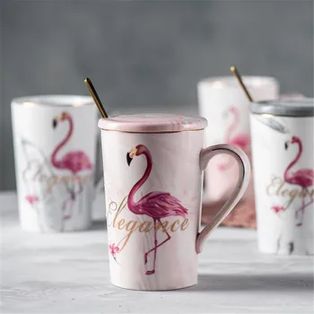 Radošā Marmora Flamingo Keramikas Krūze Zelta Pārklājumu Piens Kafija Teamugs Ar Karoti Turi Sadzīves Biroja Kausa Pāris Dāvanu 1GB
