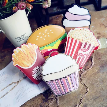 Radošā Stila Sieviete Hamburger saldējums plecu somas Cupcake PU Ķēdes somas Gudrs Hamburger Popkorns Kartupeļi 3D Messenger Somas
