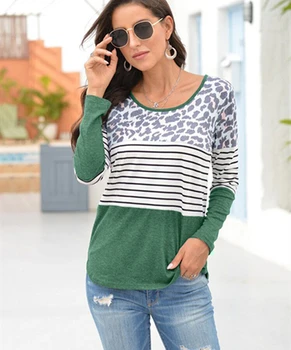 Raibs T-krekls Modes Leopard Svītrains Tops Tee Sievietēm ar garām Piedurknēm O-veida kakla Top Rudens 